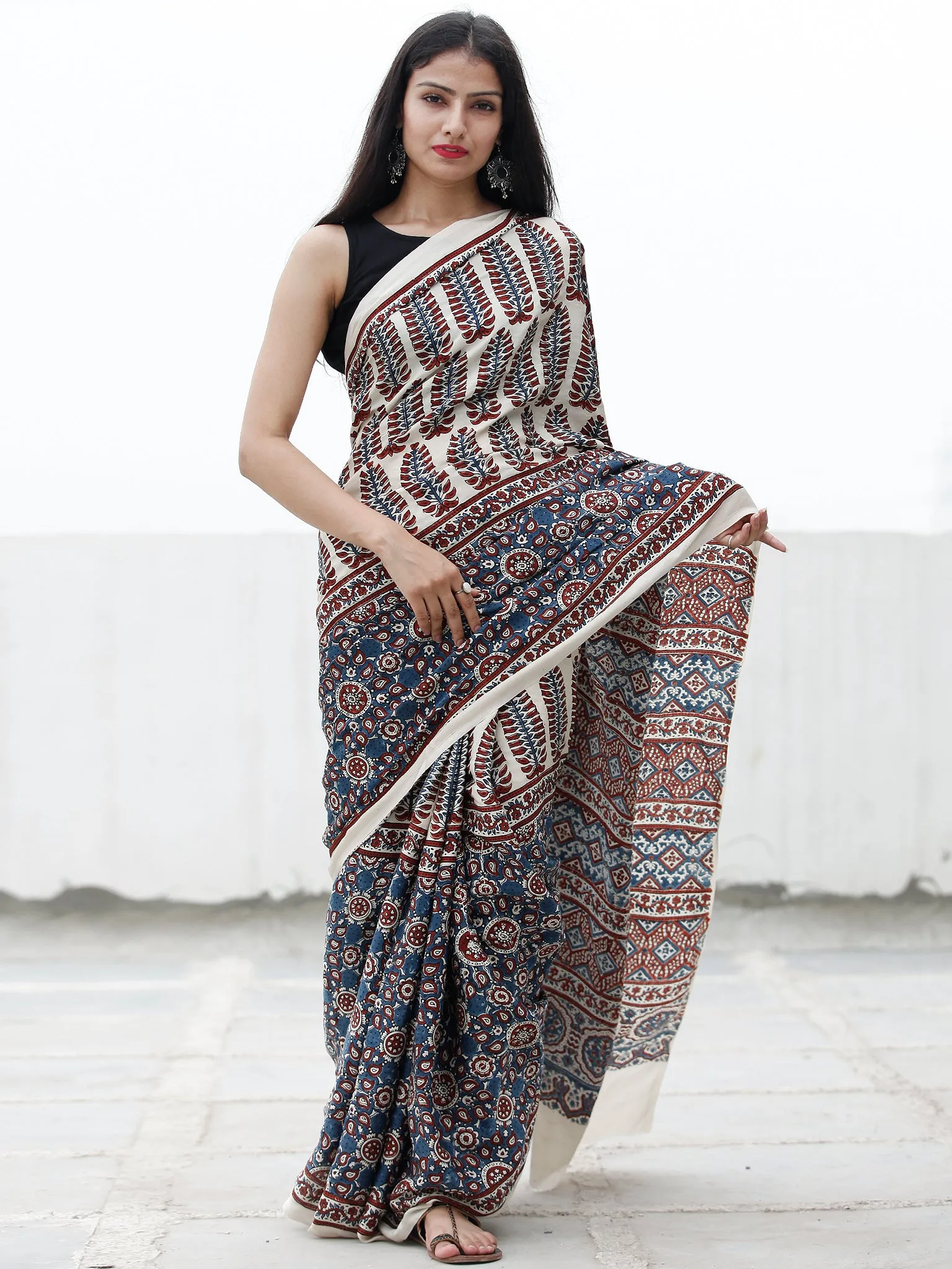 Off White Indigo Rust Ajrakh Hand Block Printed Modal Silk Saree in Natural Colors - S031703716