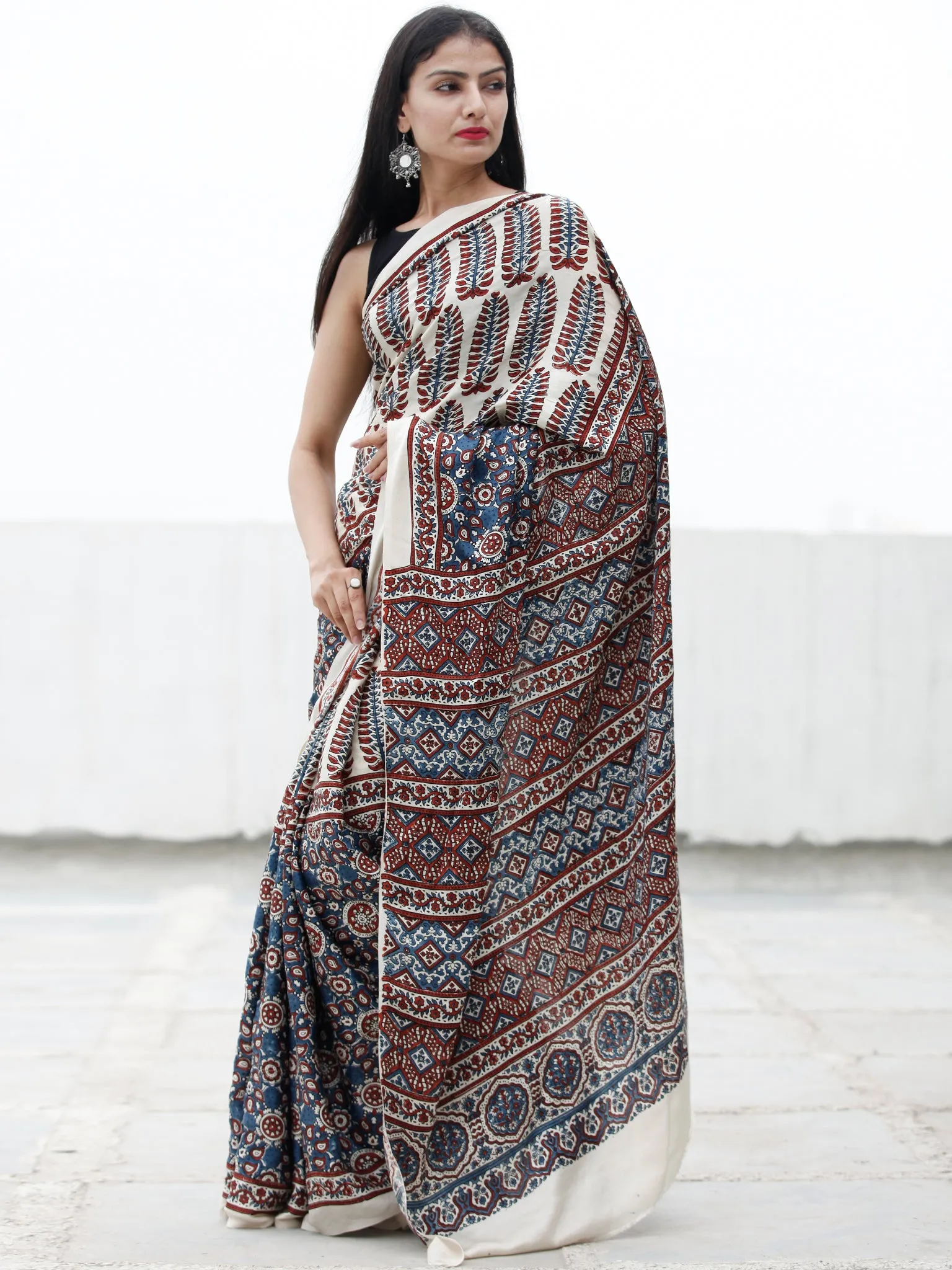 Off White Indigo Rust Ajrakh Hand Block Printed Modal Silk Saree in Natural Colors - S031703716