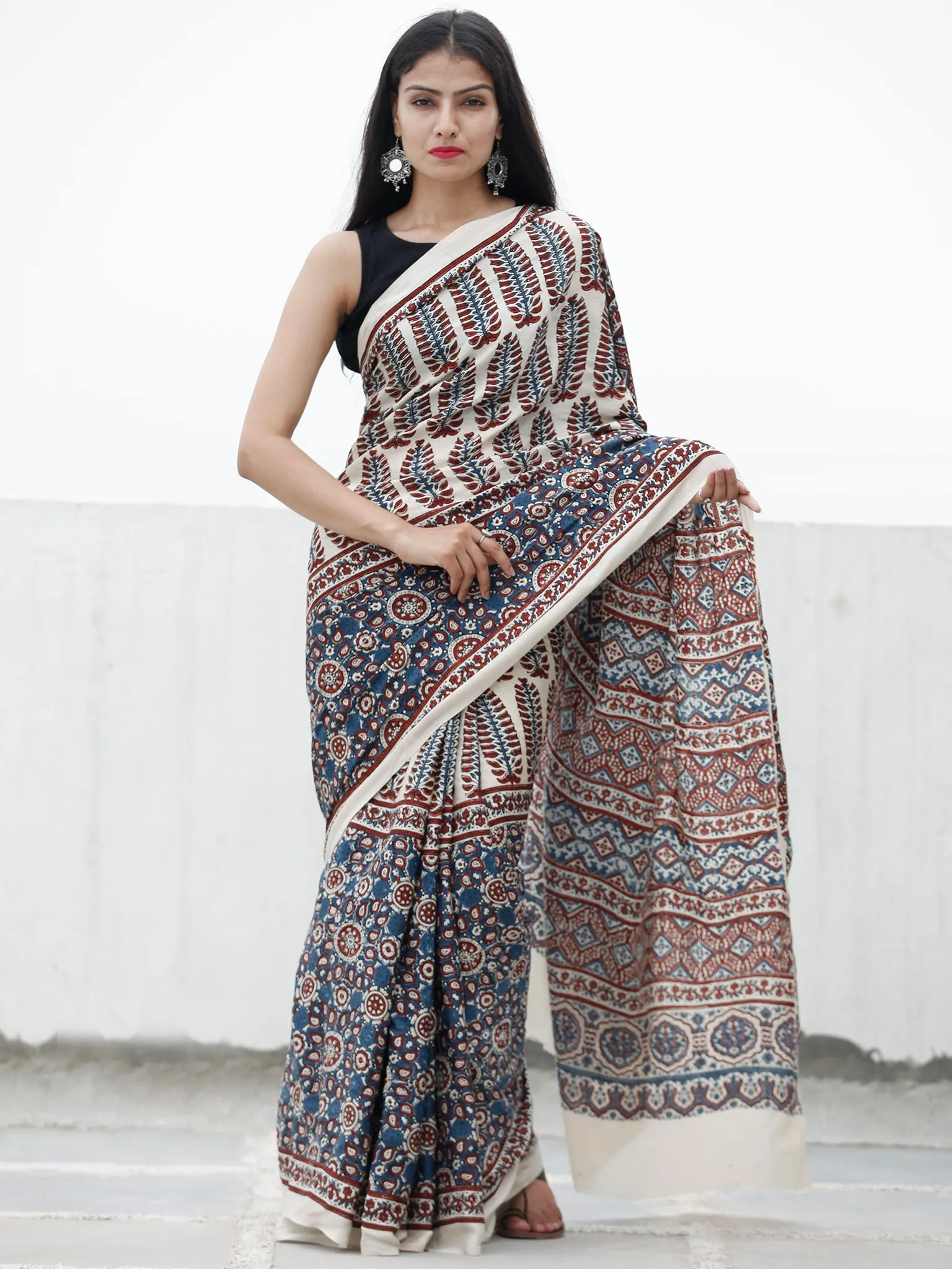 Off White Indigo Rust Ajrakh Hand Block Printed Modal Silk Saree in Natural Colors - S031703716