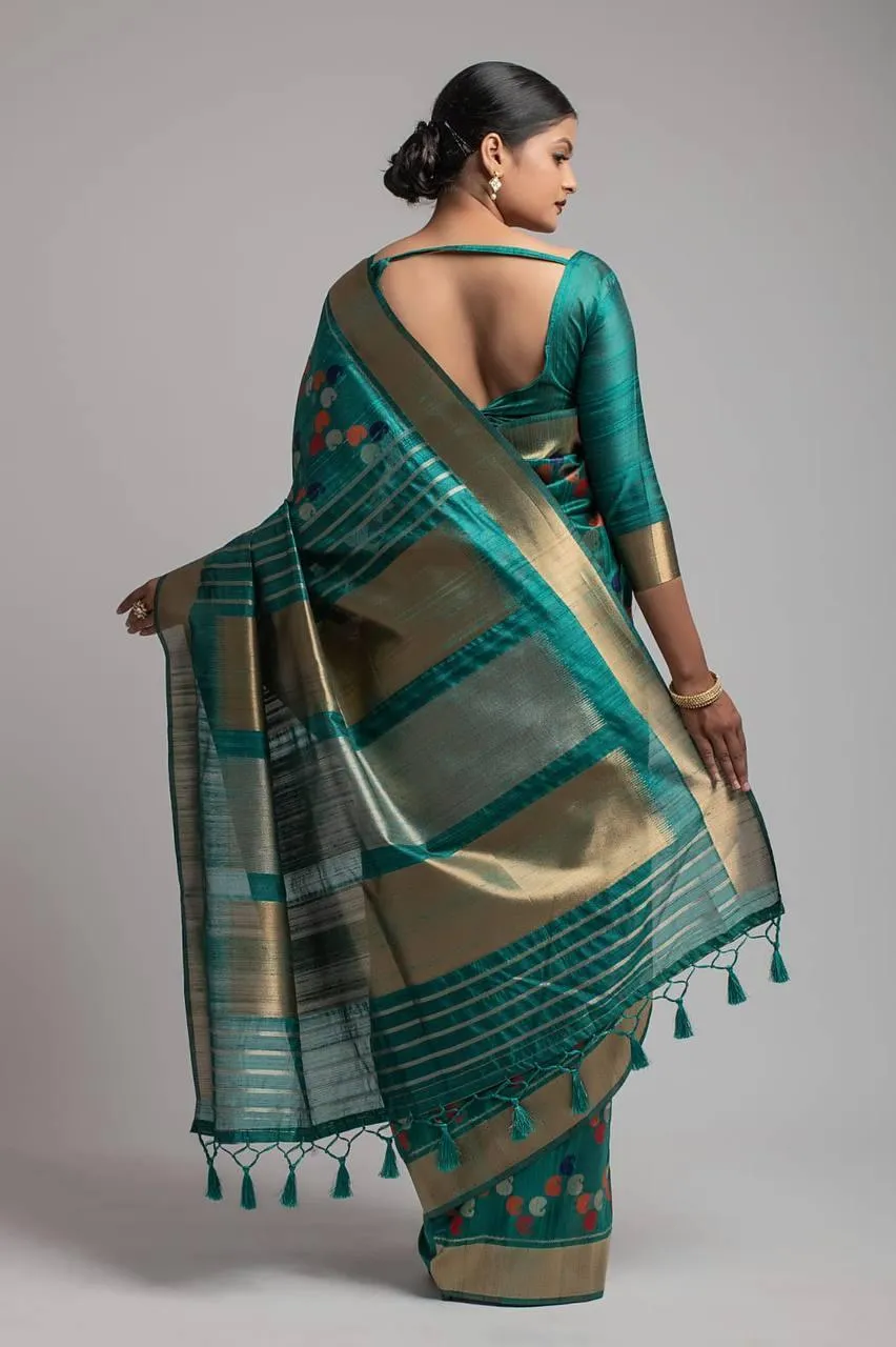 Peacock Green Paisley Kadampalli Tussar Silk  Saree