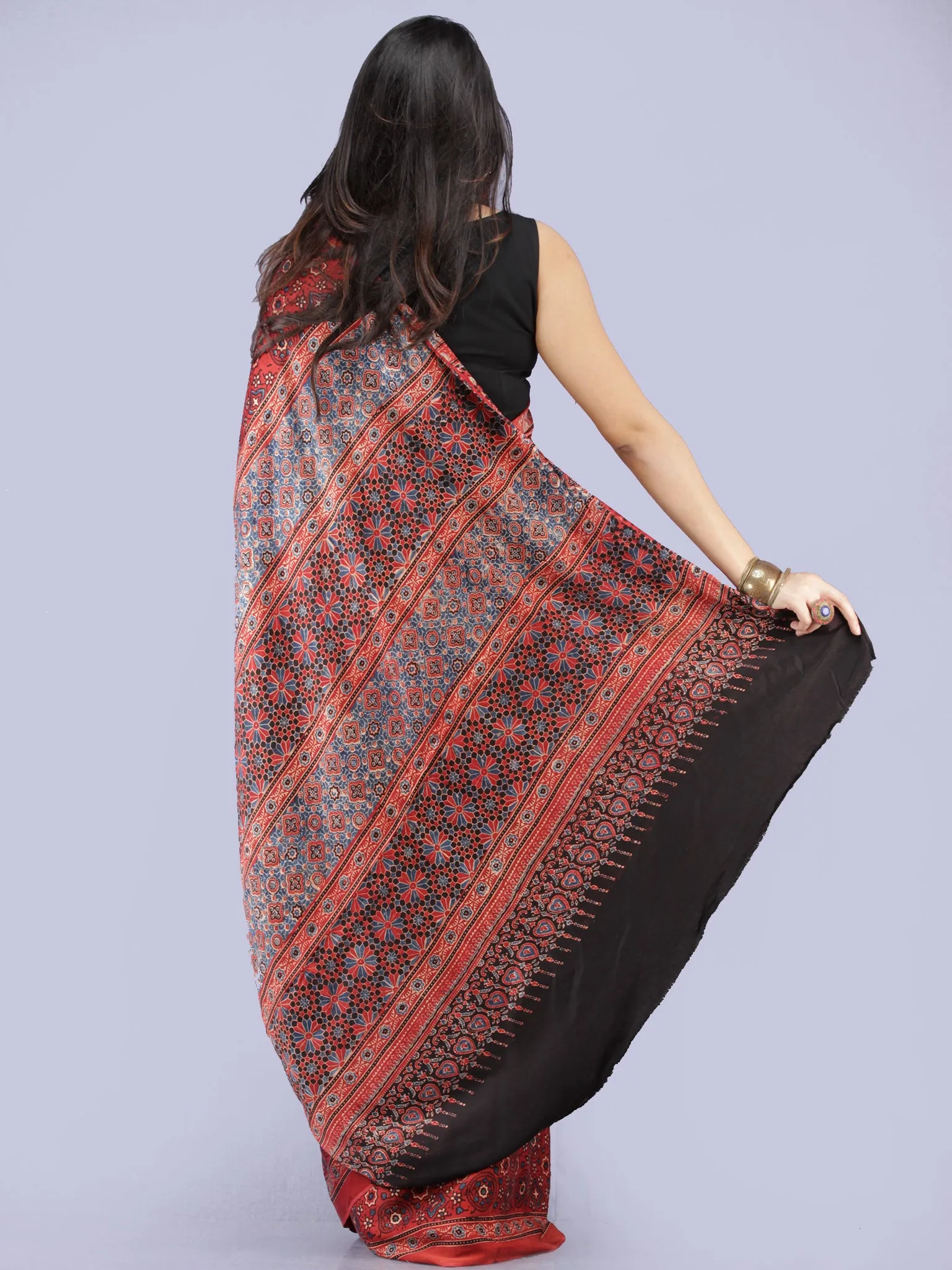 Red Beige Black Indigo Ajrakh Hand Block Printed Modal Silk Saree - S031704266