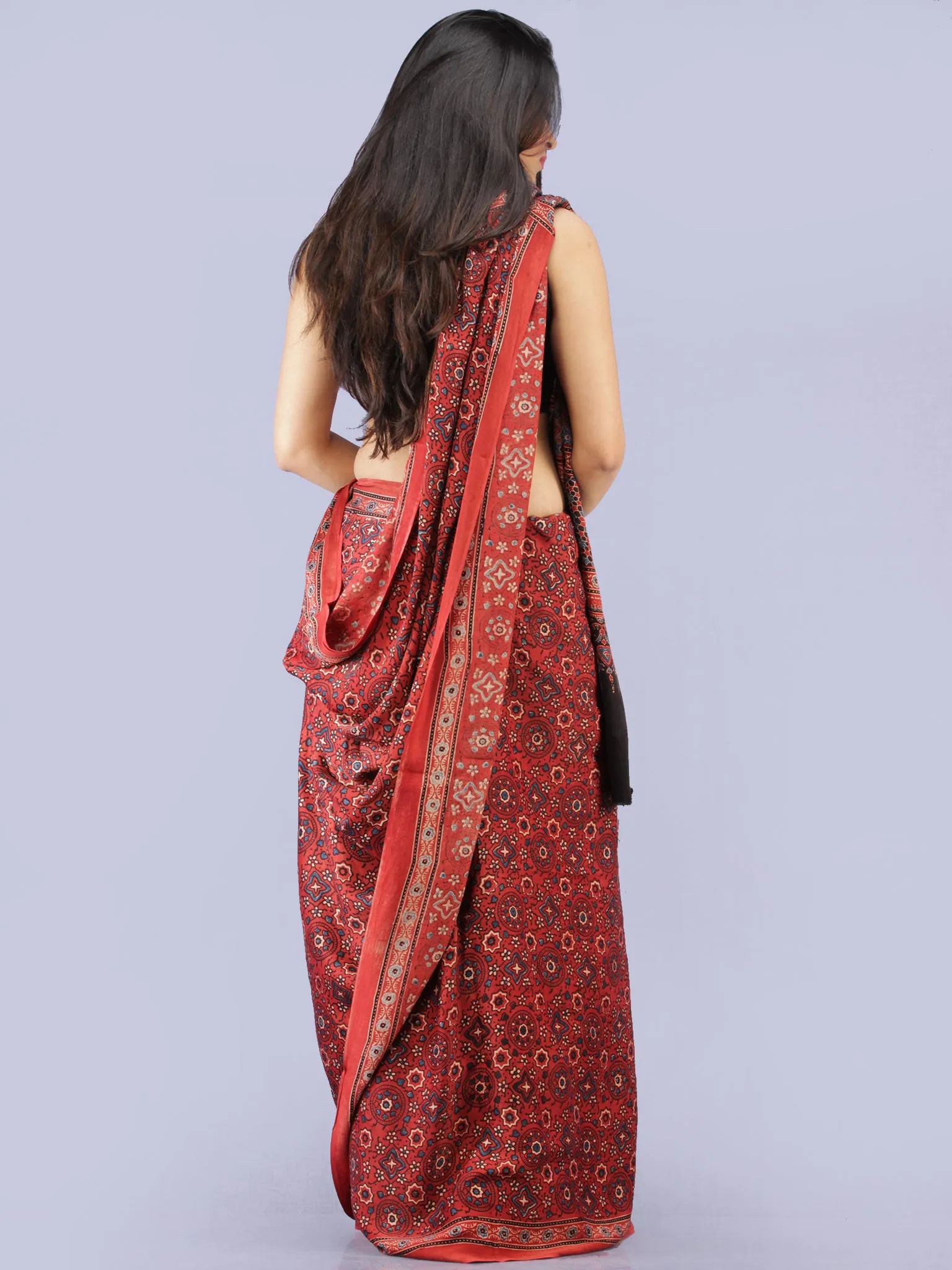Red Beige Black Indigo Ajrakh Hand Block Printed Modal Silk Saree - S031704266