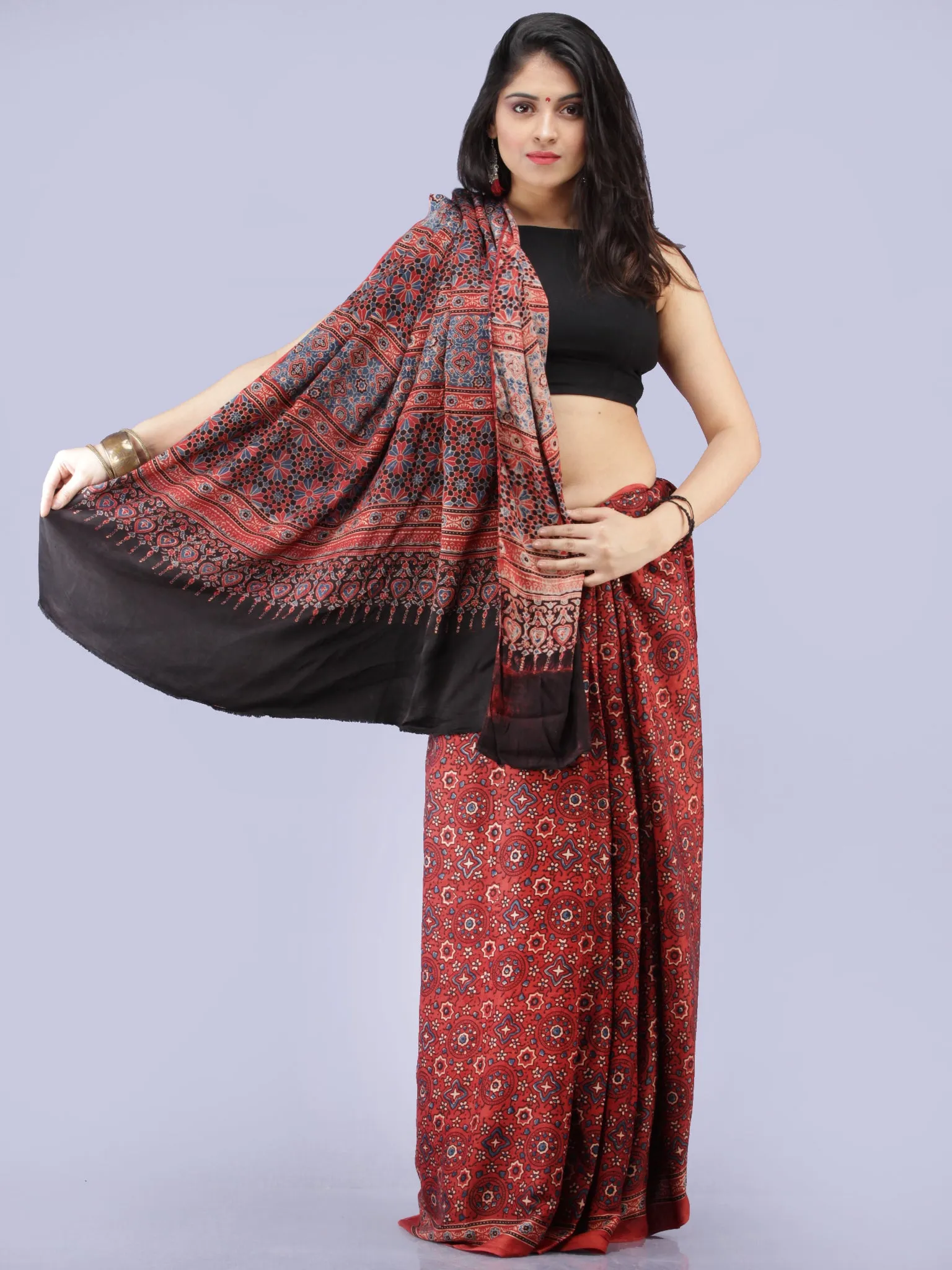 Red Beige Black Indigo Ajrakh Hand Block Printed Modal Silk Saree - S031704266