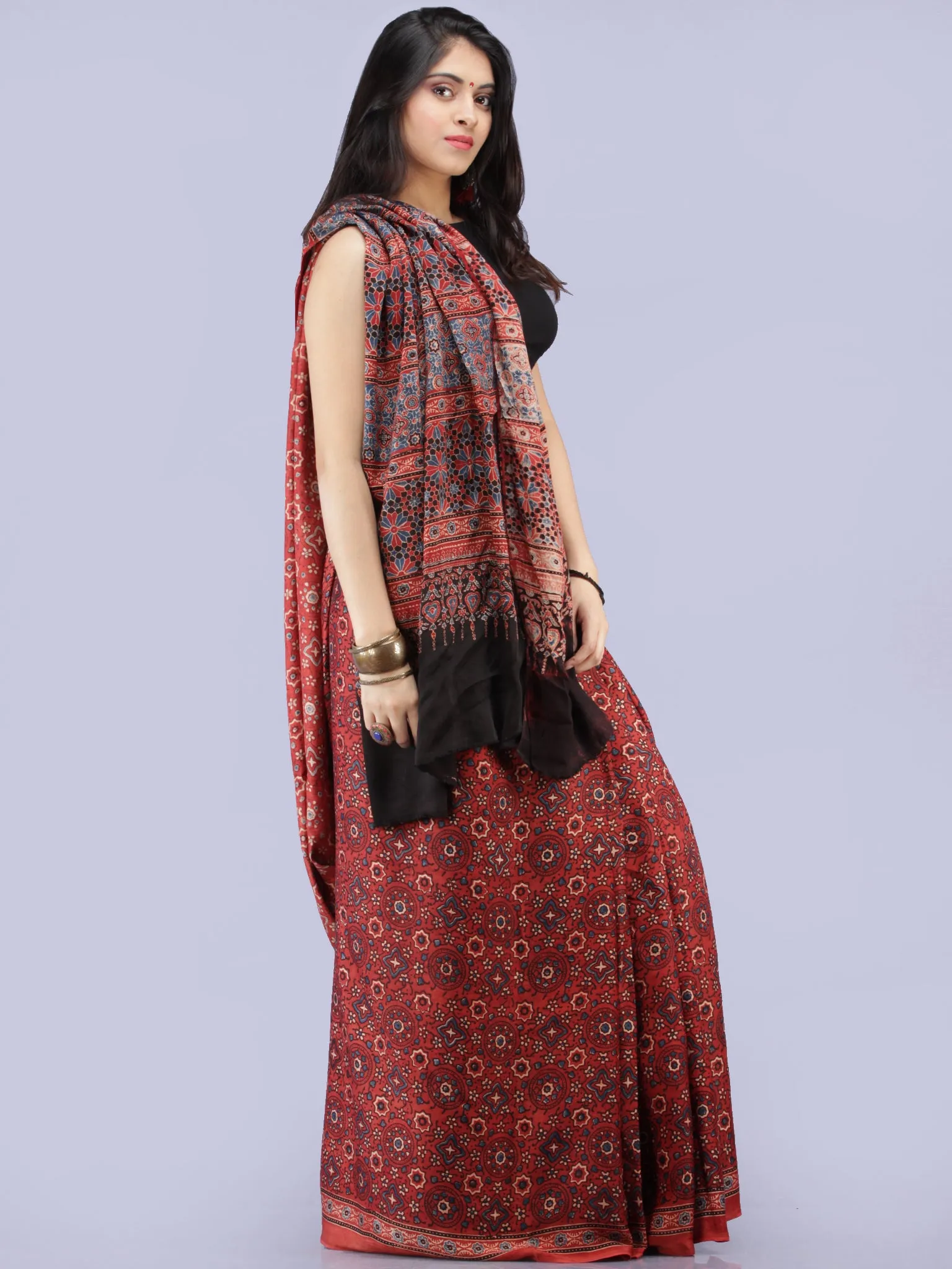 Red Beige Black Indigo Ajrakh Hand Block Printed Modal Silk Saree - S031704266