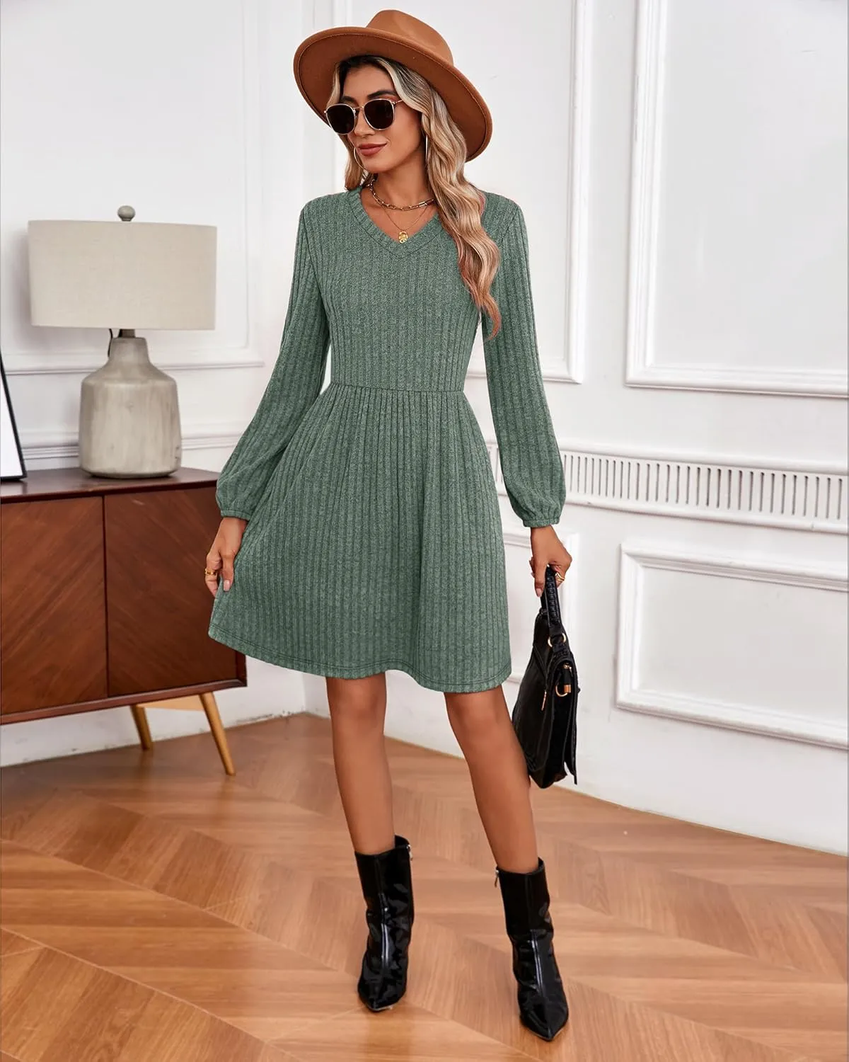 Riyiper Women's Dress with Pockets Winter Long Sleeve Sweater Dress V Neck Ribbed Knit Casual Tunic Swing Dress