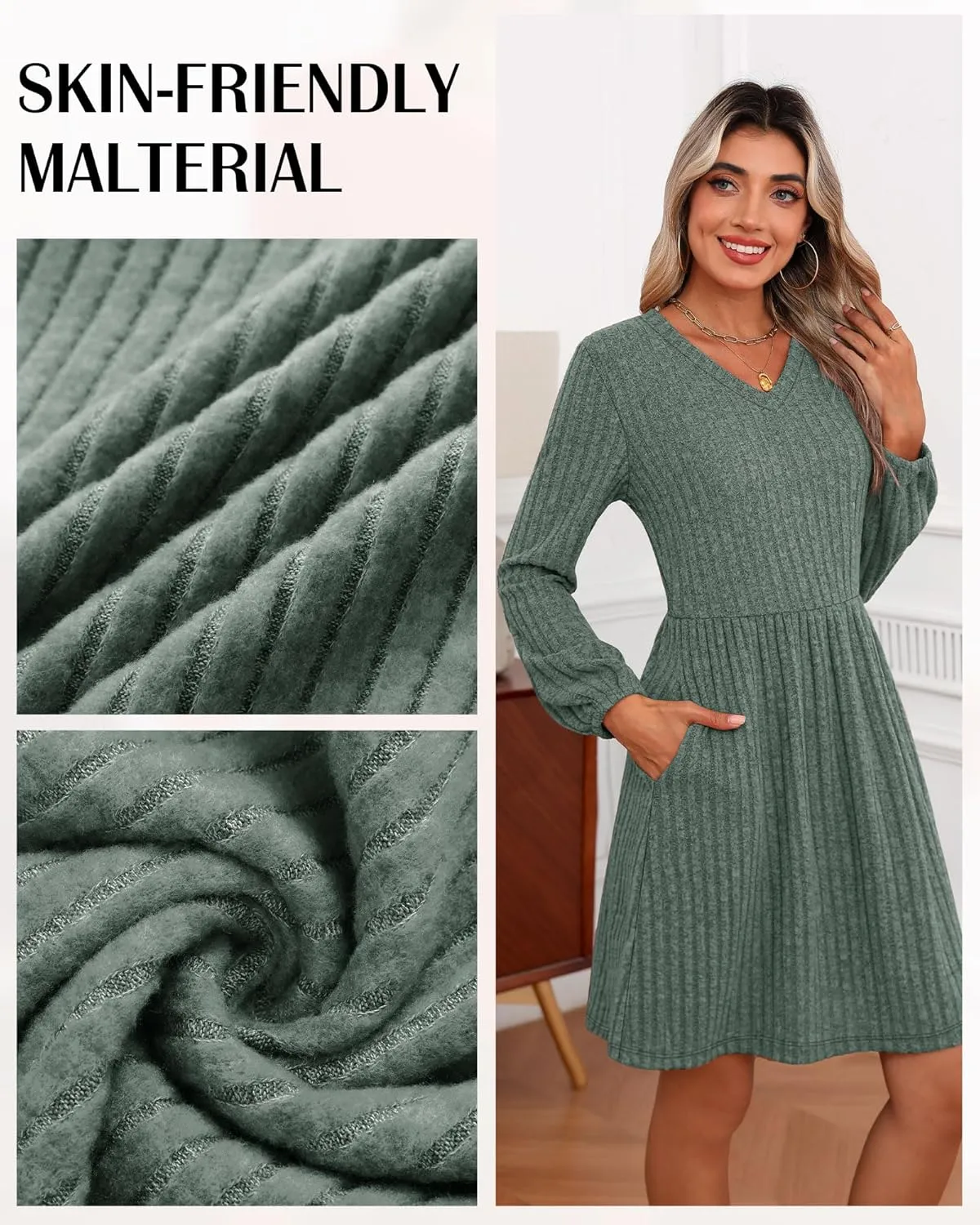 Riyiper Women's Dress with Pockets Winter Long Sleeve Sweater Dress V Neck Ribbed Knit Casual Tunic Swing Dress