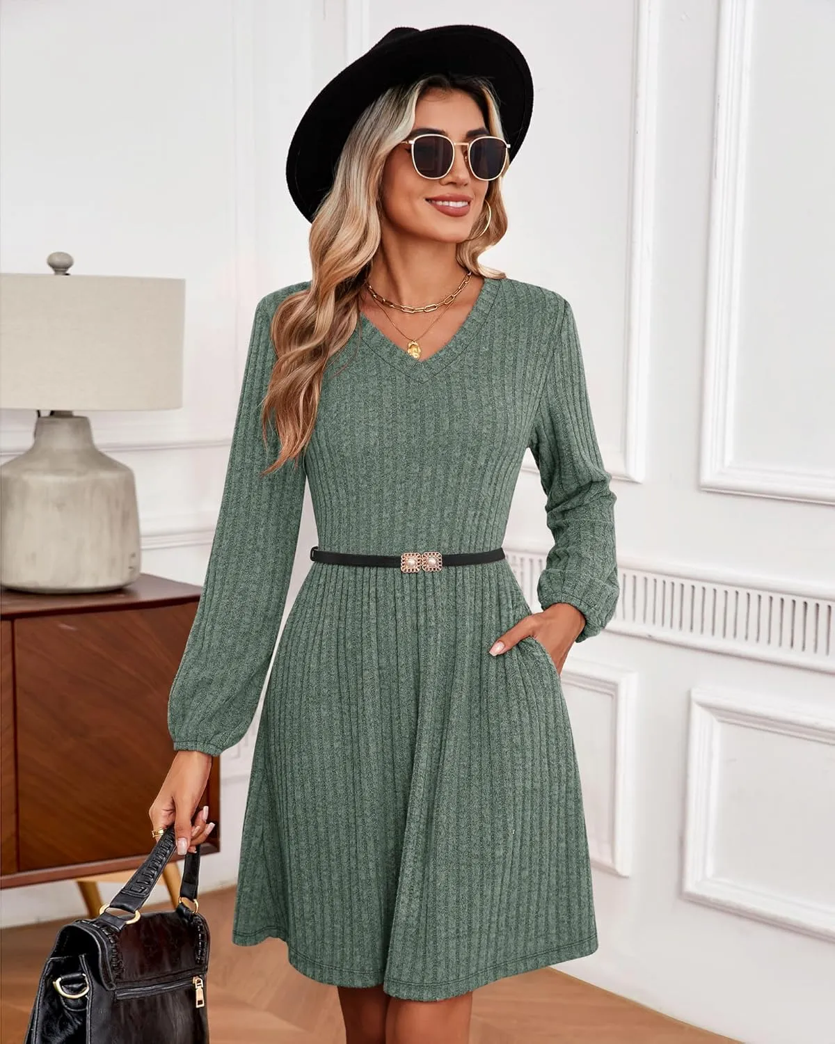 Riyiper Women's Dress with Pockets Winter Long Sleeve Sweater Dress V Neck Ribbed Knit Casual Tunic Swing Dress