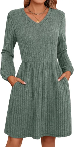 Riyiper Women's Dress with Pockets Winter Long Sleeve Sweater Dress V Neck Ribbed Knit Casual Tunic Swing Dress