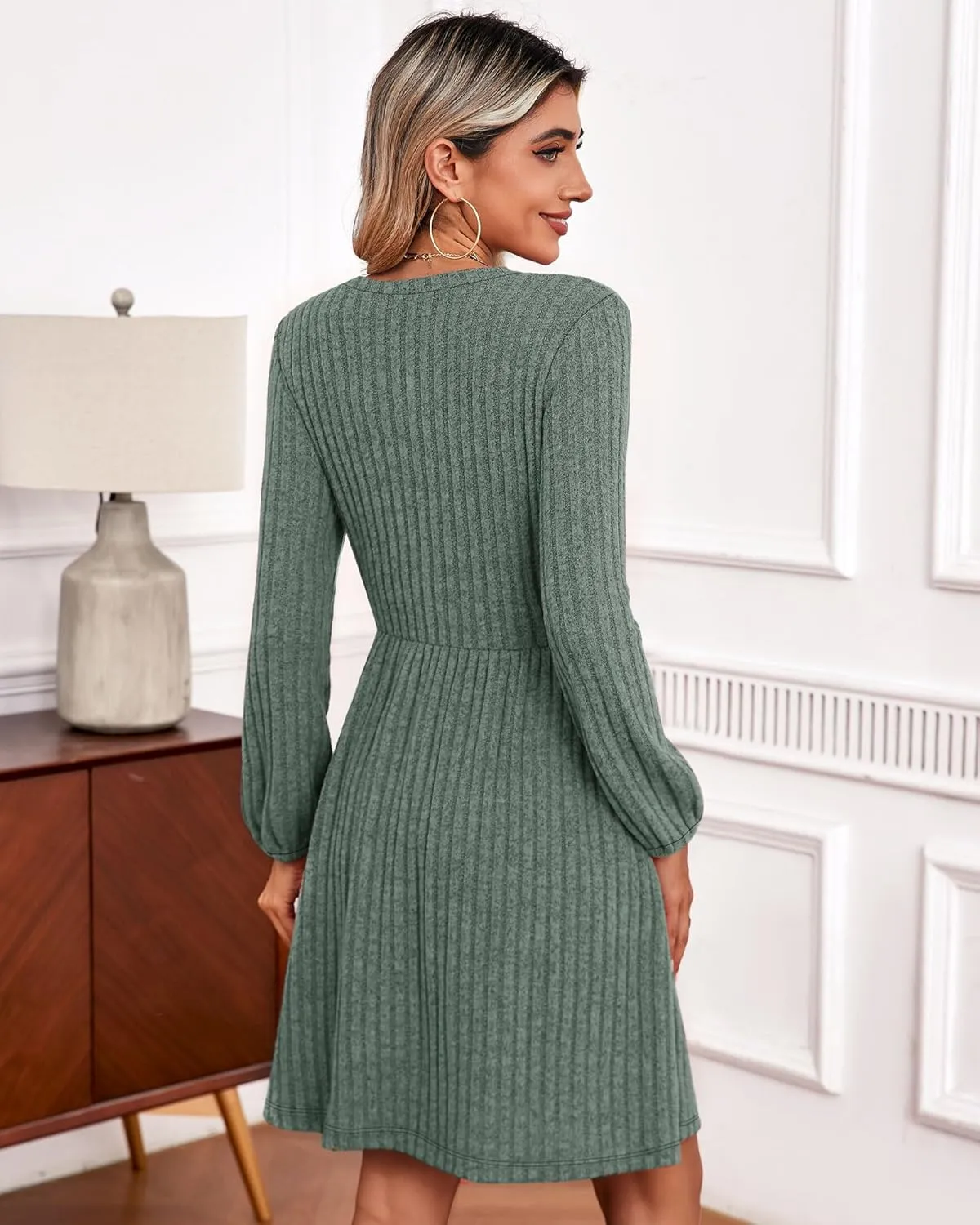 Riyiper Women's Dress with Pockets Winter Long Sleeve Sweater Dress V Neck Ribbed Knit Casual Tunic Swing Dress