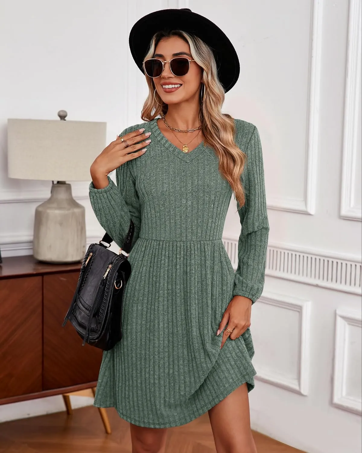 Riyiper Women's Dress with Pockets Winter Long Sleeve Sweater Dress V Neck Ribbed Knit Casual Tunic Swing Dress