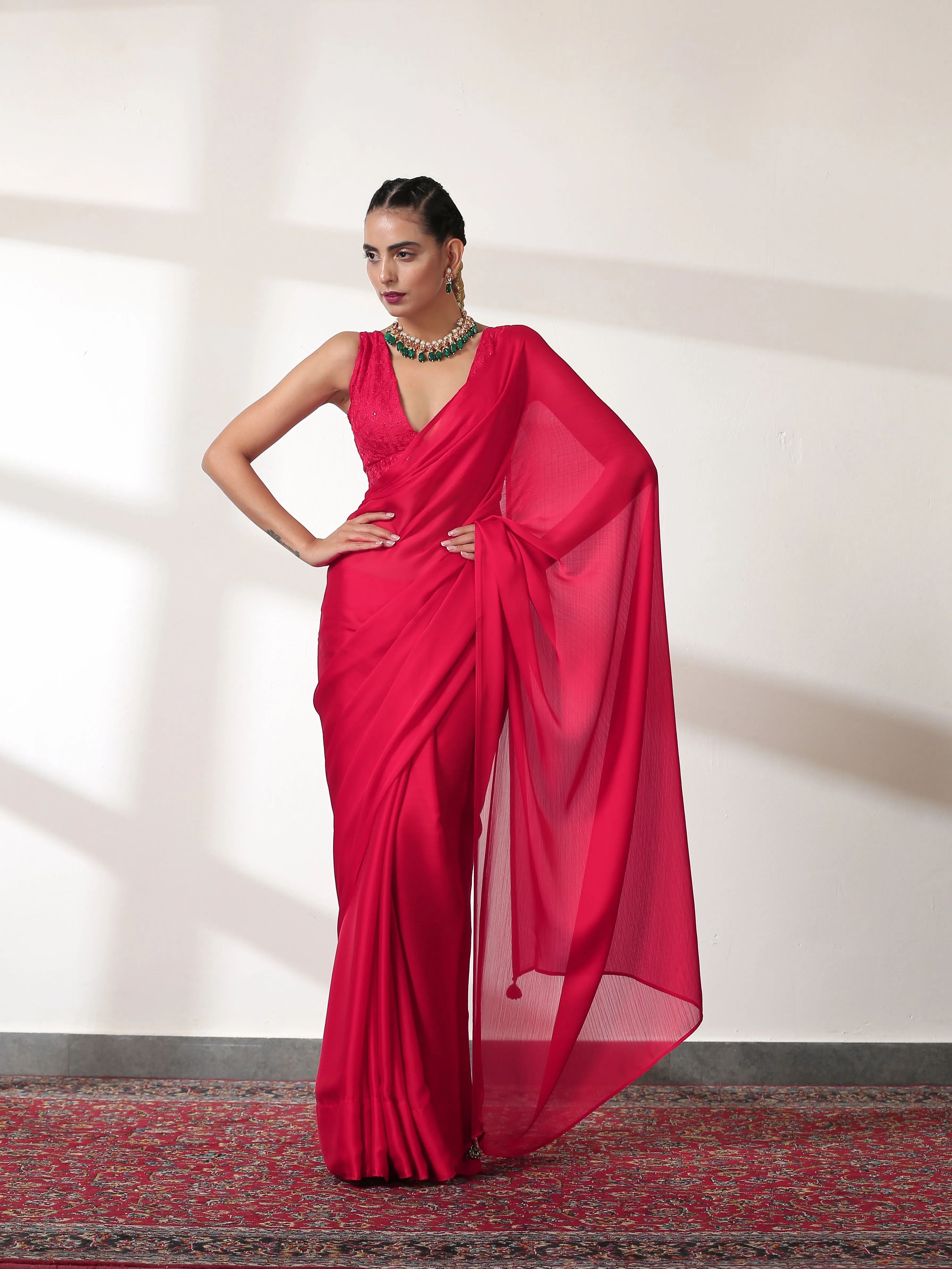 Ruby Chiffon Saree with Embroidered Blouse Fabric