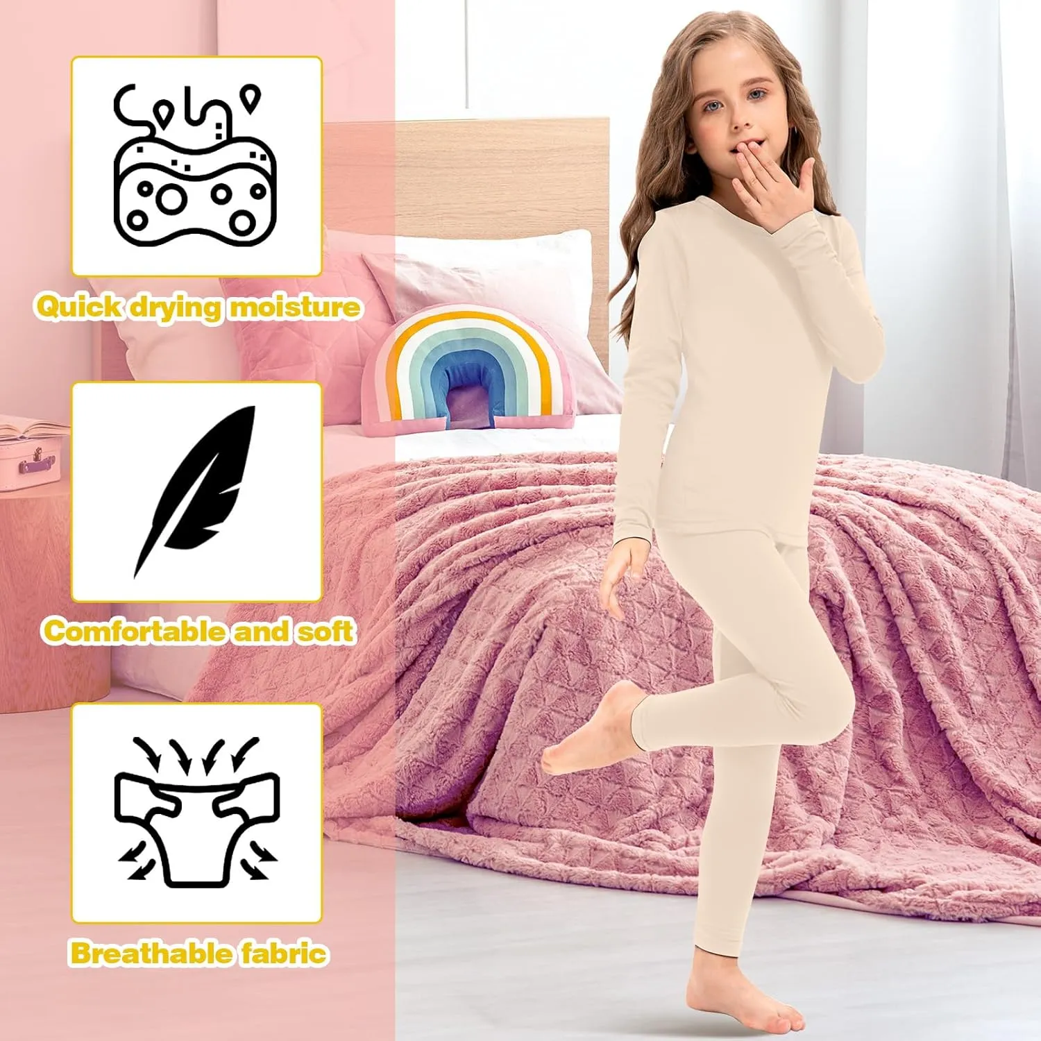 Silkfly 3 Set Girls Thermal Underwear Soft Winter Thermal Top and Bottom with Fleece Lined Base Layer for Girls