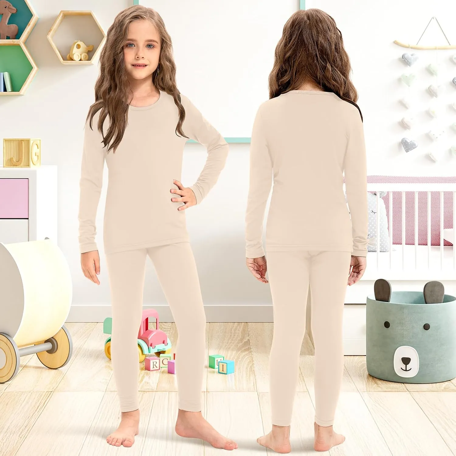 Silkfly 3 Set Girls Thermal Underwear Soft Winter Thermal Top and Bottom with Fleece Lined Base Layer for Girls