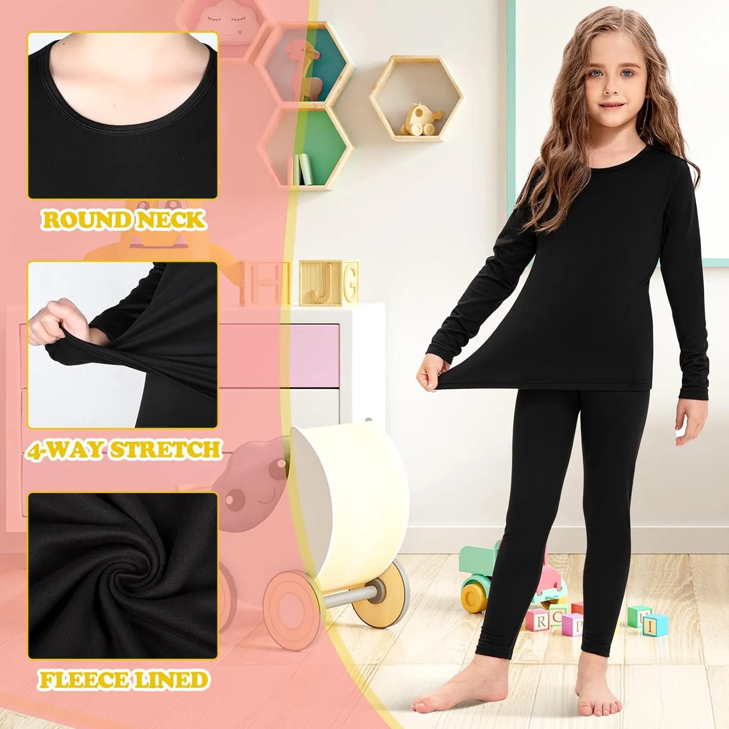 Silkfly 3 Set Girls Thermal Underwear Soft Winter Thermal Top and Bottom with Fleece Lined Base Layer for Girls