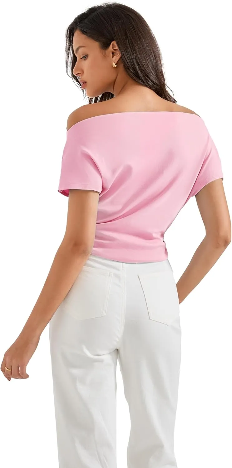 SUUKSESS Women Off The Shoulder Summer Tops One Shoulder T Shirt Casual Short Sleeve Boat Neck Tees