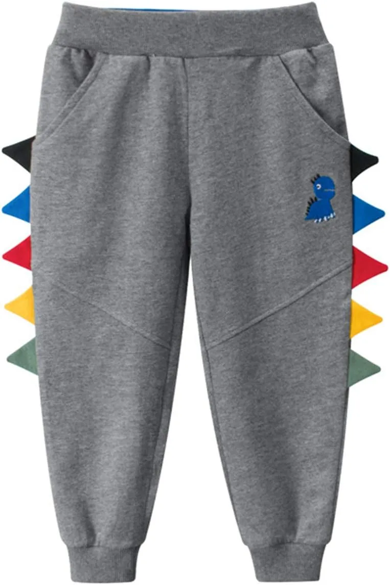 Toddler Boy's Cotton Pants Kids Cotton Pull on Jogger Boys Dinosaur Elastic Sweatpants (Gray, 5T)