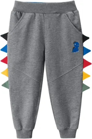 Toddler Boy's Cotton Pants Kids Cotton Pull on Jogger Boys Dinosaur Elastic Sweatpants (Gray, 5T)