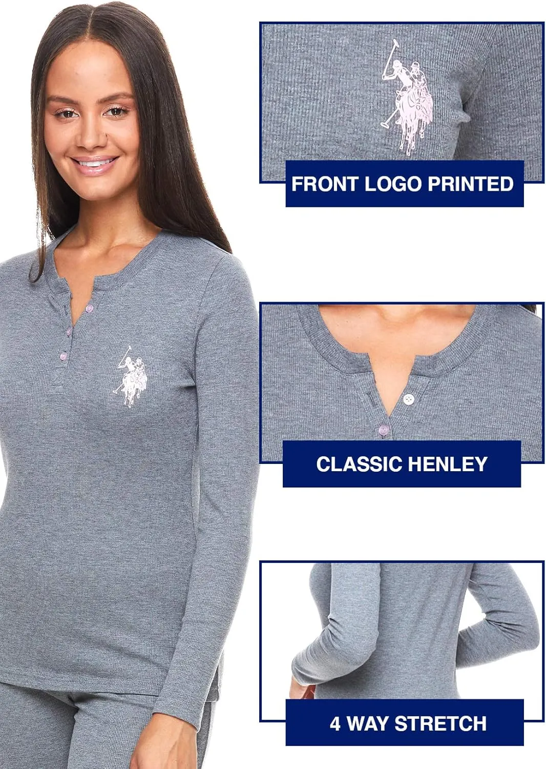 U.S. Polo Assn. Thermal Pajamas for Women Set, Womens Thermals Top and Bottom Set, Long Johns Base Layer