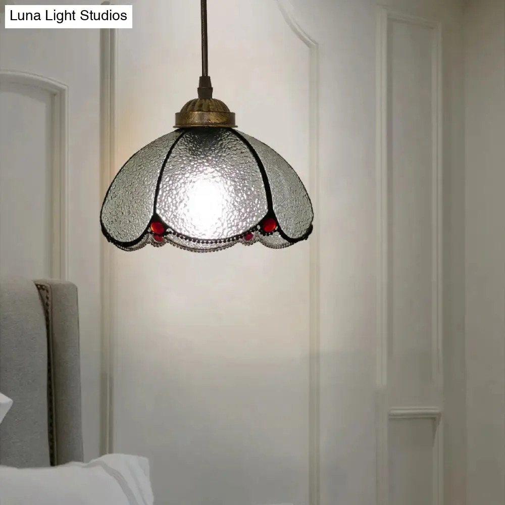 Vintage Stained Glass Pendant Light with Scalloped Dome Design