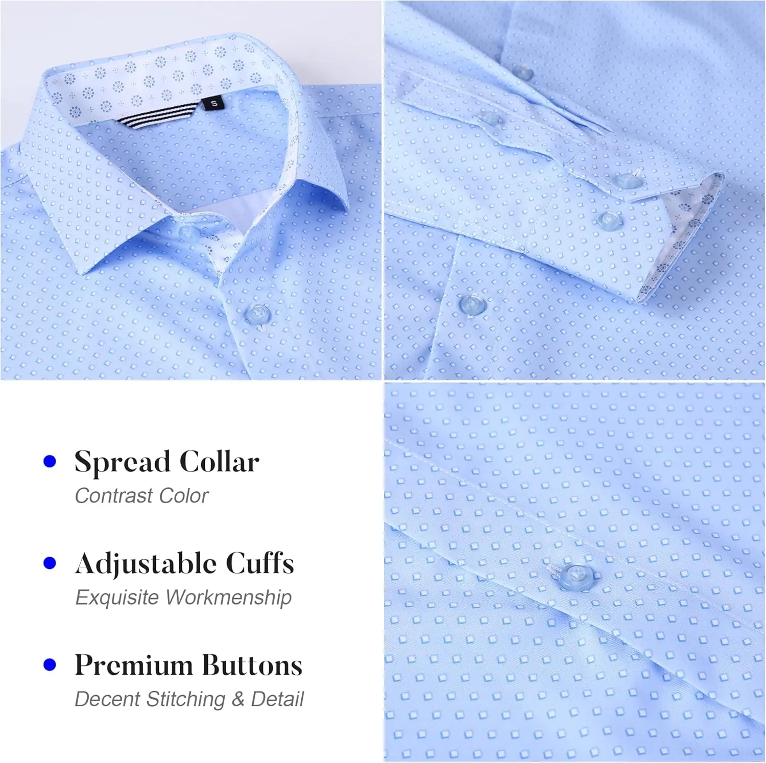 WARHORSEE Mens Casual Button Down Dress Shirts Long Sleeve 4-Way Stretch Collared Printed Business Work Shirt