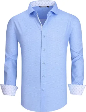 WARHORSEE Mens Casual Button Down Dress Shirts Long Sleeve 4-Way Stretch Collared Printed Business Work Shirt