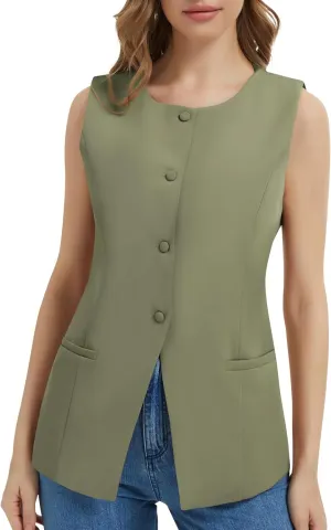 Women Summer Suit Vest Business Tops Sleeveless Button Down Blazer Modern Casual Waistcoat Office Formal Dressy Vest