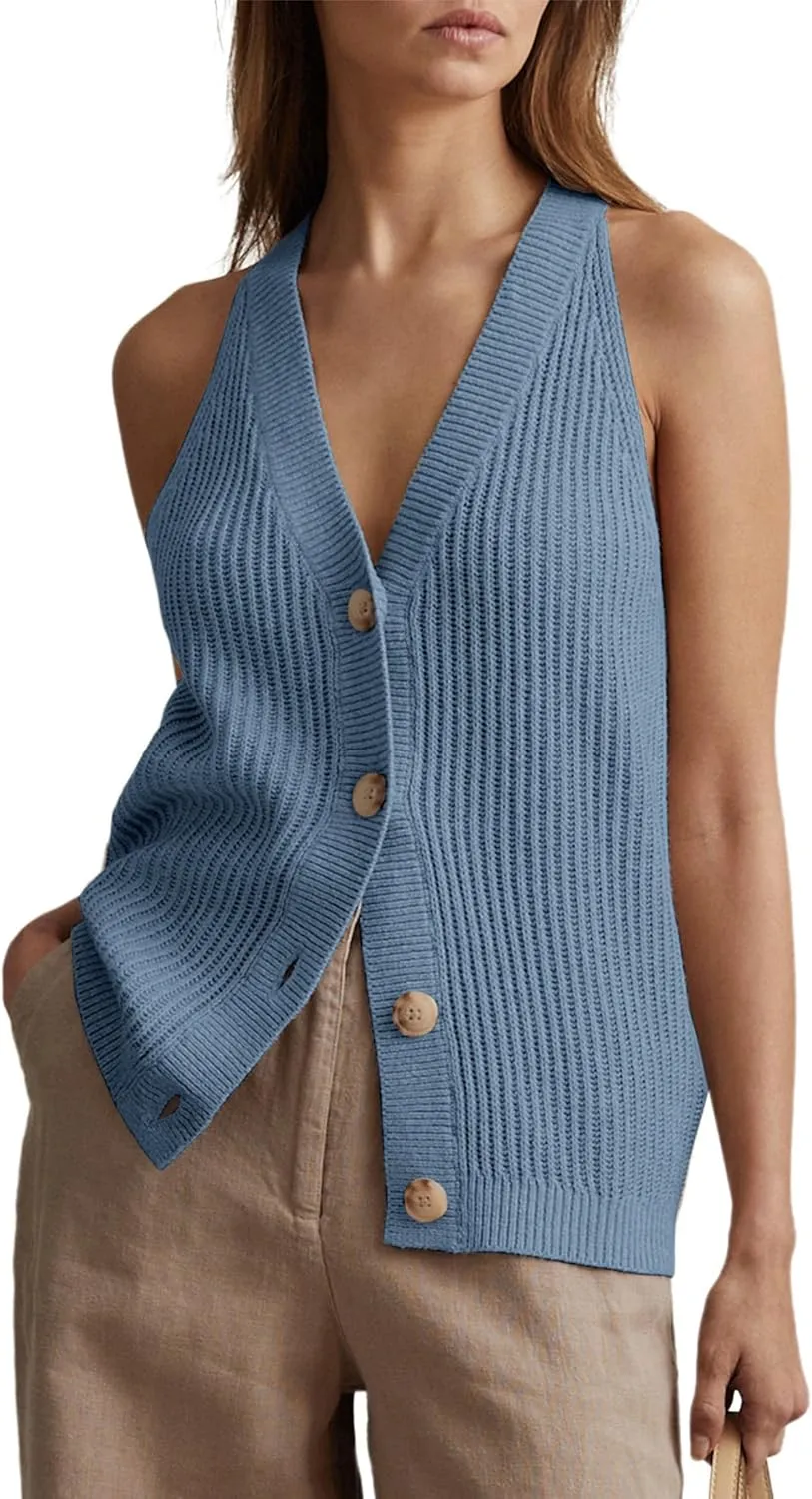 Women Sweater Vest Tops Sleeveless Button Down V Neck Knit Tank Top Slim Casual Cardigan Vest