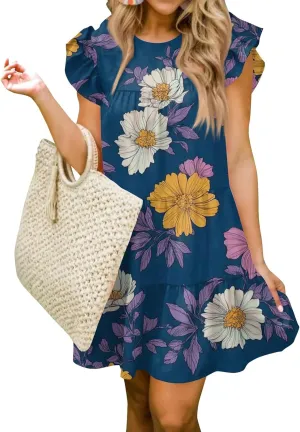 Womens 2025 Floral Summer Dress Crewneck Ruffled Hem Geometric Print Sundress with Stretchy Waist Beach Vacations