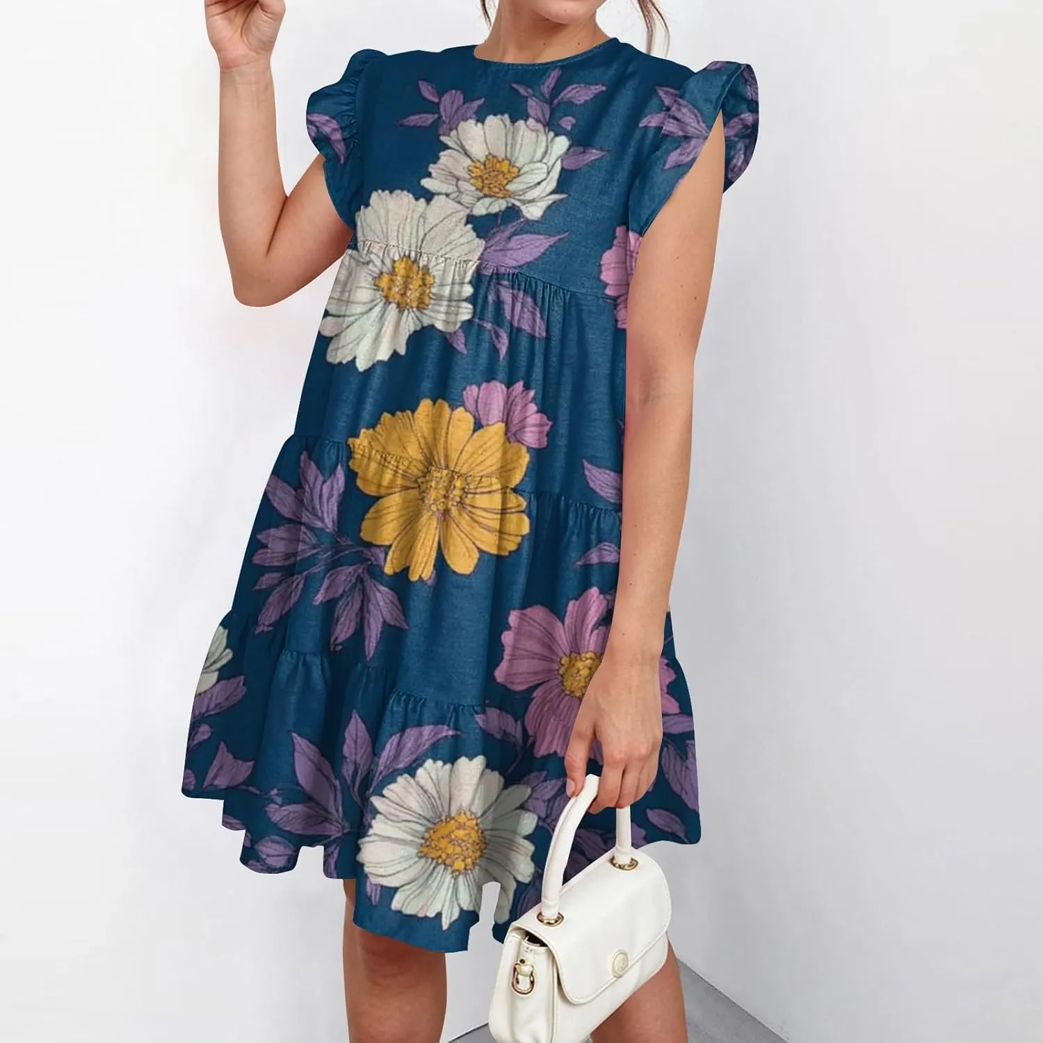 Womens 2025 Floral Summer Dress Crewneck Ruffled Hem Geometric Print Sundress with Stretchy Waist Beach Vacations