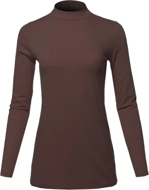 Women's Basic Solid Soft Cotton Long Sleeve Mock Neck Top Shirts