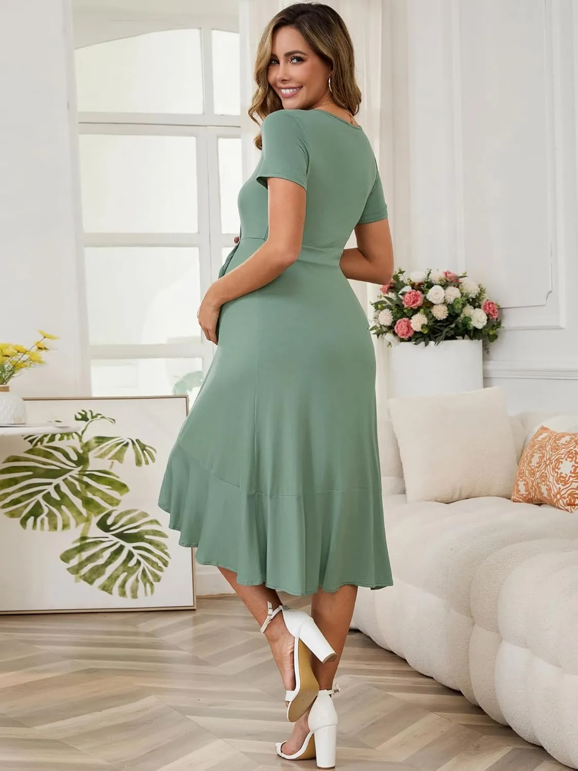 Women's Maternity Nursing Dress Wrap V Neck Pleated Short Sleeve Ruffle Semi Formal Pregnancy Breastfeeding