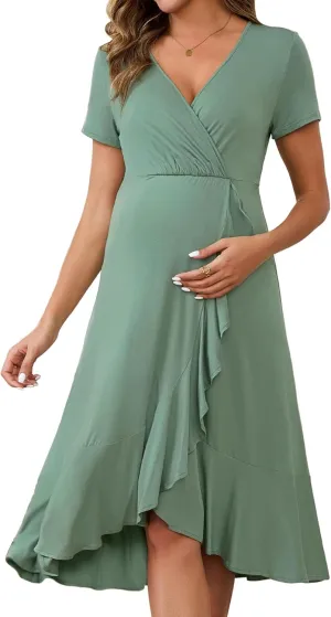 Women's Maternity Nursing Dress Wrap V Neck Pleated Short Sleeve Ruffle Semi Formal Pregnancy Breastfeeding