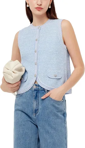 Women's Sleeveless V Neck Knit Sweater Vest Cardigan Button Front Going Out Tops for Women