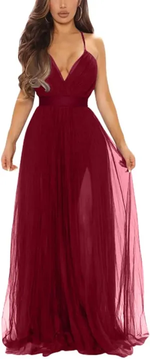 XXTAXN Women's Sexy Deep V Neck Split Cocktail Party Formal Bridesmaid Maxi Dress