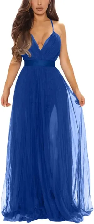 XXTAXN Women's Sexy Deep V Neck Split Cocktail Party Formal Bridesmaid Maxi Dress
