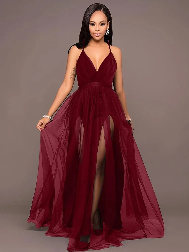 XXTAXN Women's Sexy Deep V Neck Split Cocktail Party Formal Bridesmaid Maxi Dress