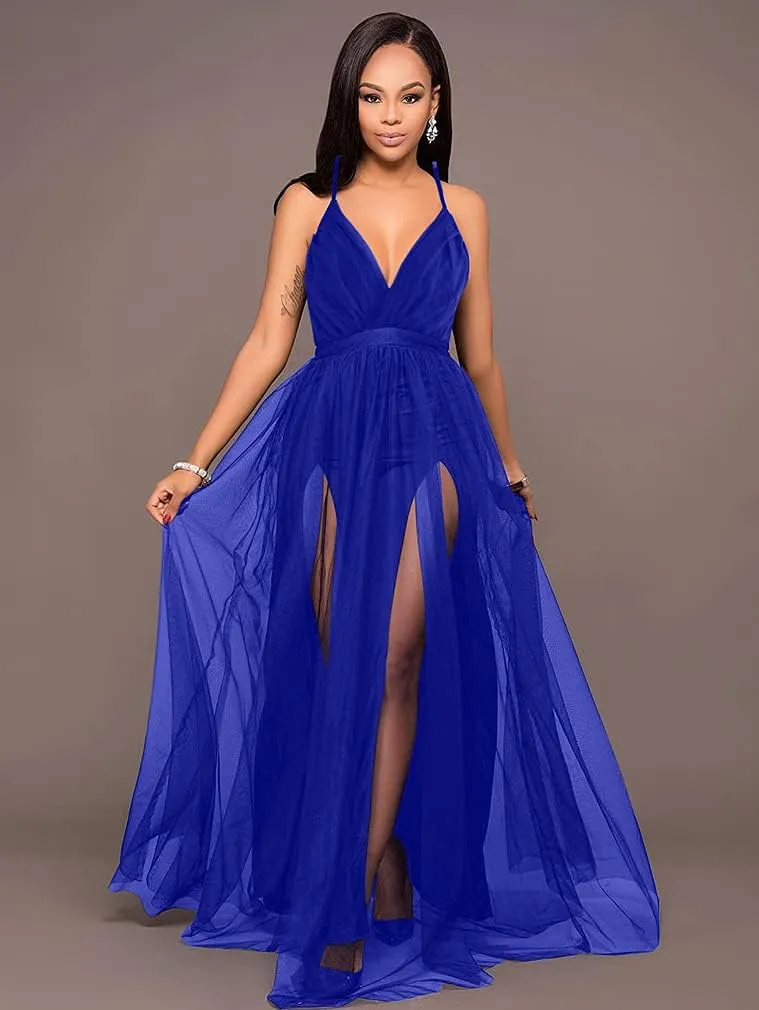 XXTAXN Women's Sexy Deep V Neck Split Cocktail Party Formal Bridesmaid Maxi Dress