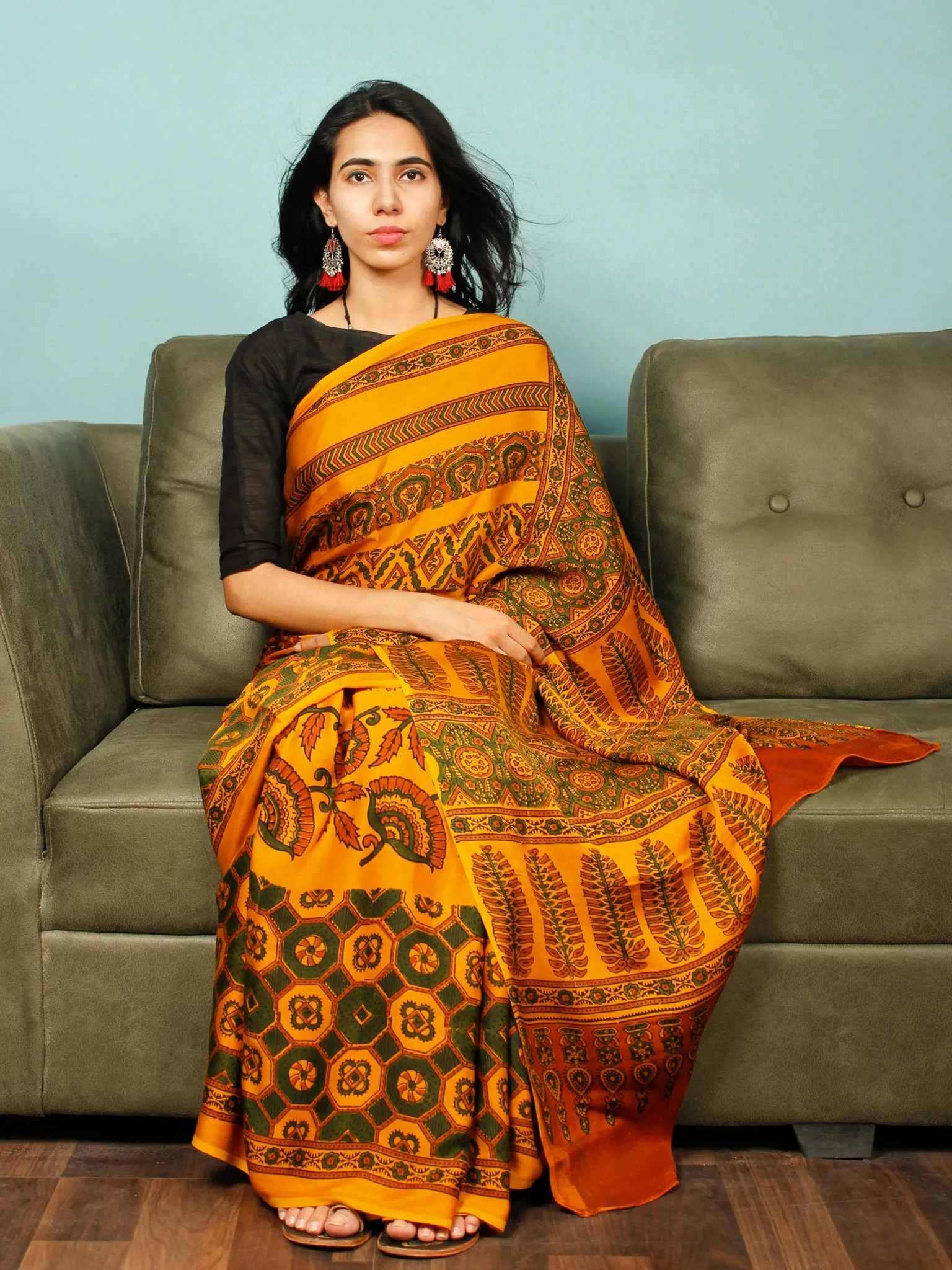 Yellow Green Rust Ajrakh Hand Block Printed Modal Silk Saree in Natural Colors - S031703371
