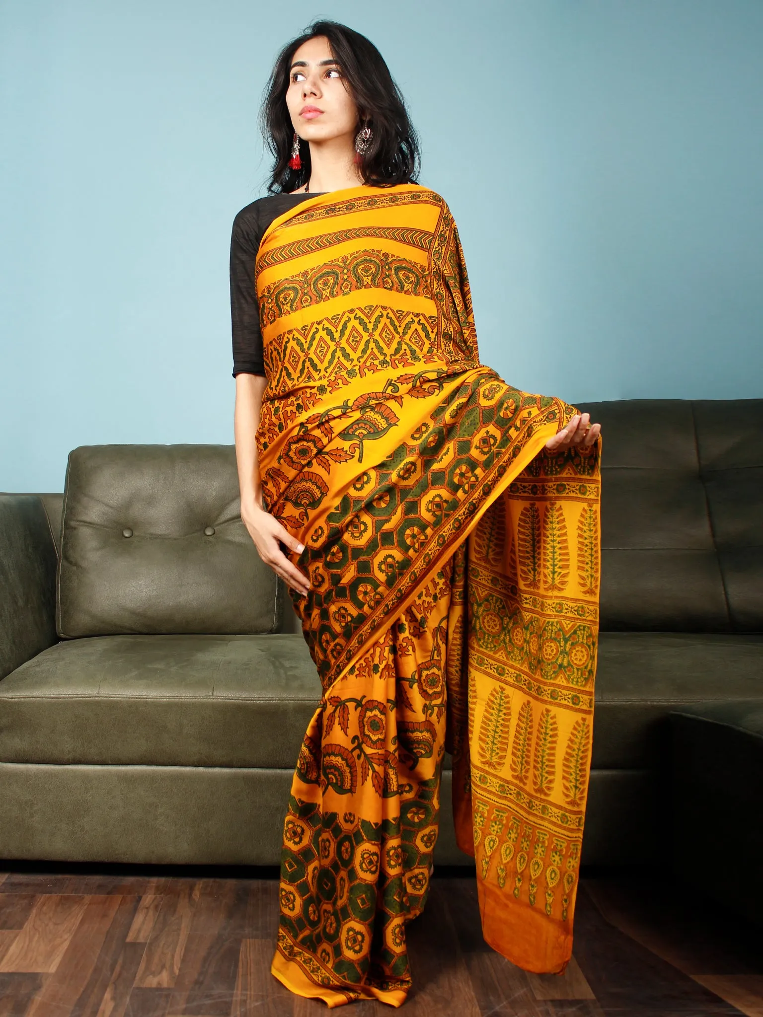 Yellow Green Rust Ajrakh Hand Block Printed Modal Silk Saree in Natural Colors - S031703371
