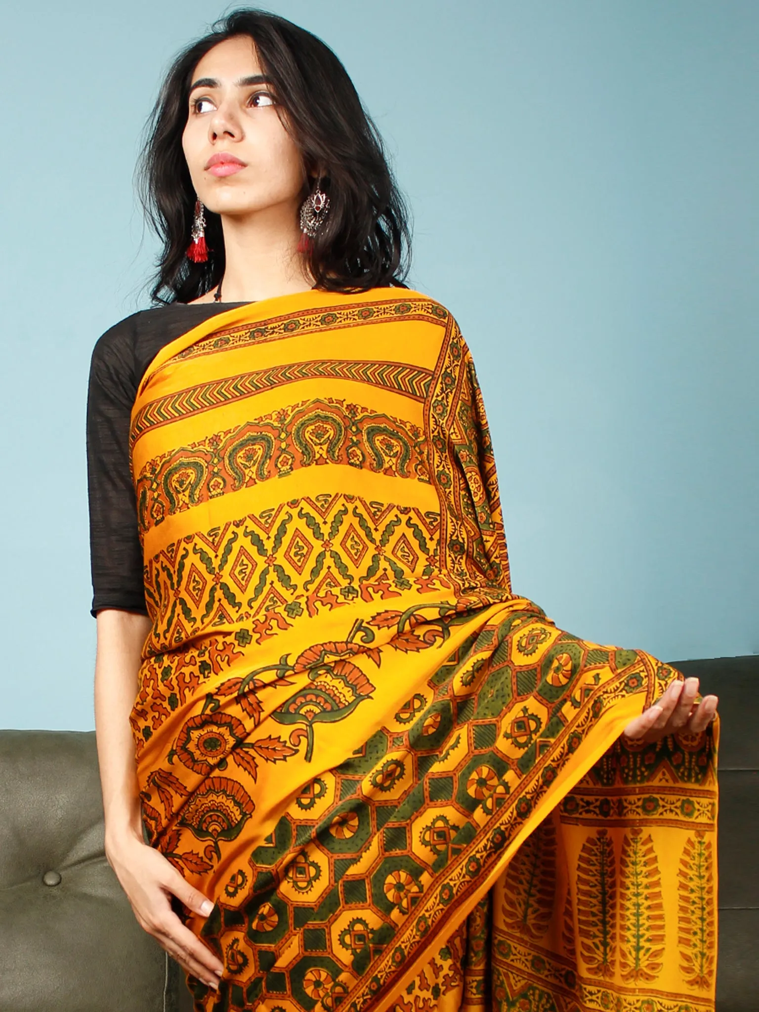 Yellow Green Rust Ajrakh Hand Block Printed Modal Silk Saree in Natural Colors - S031703371