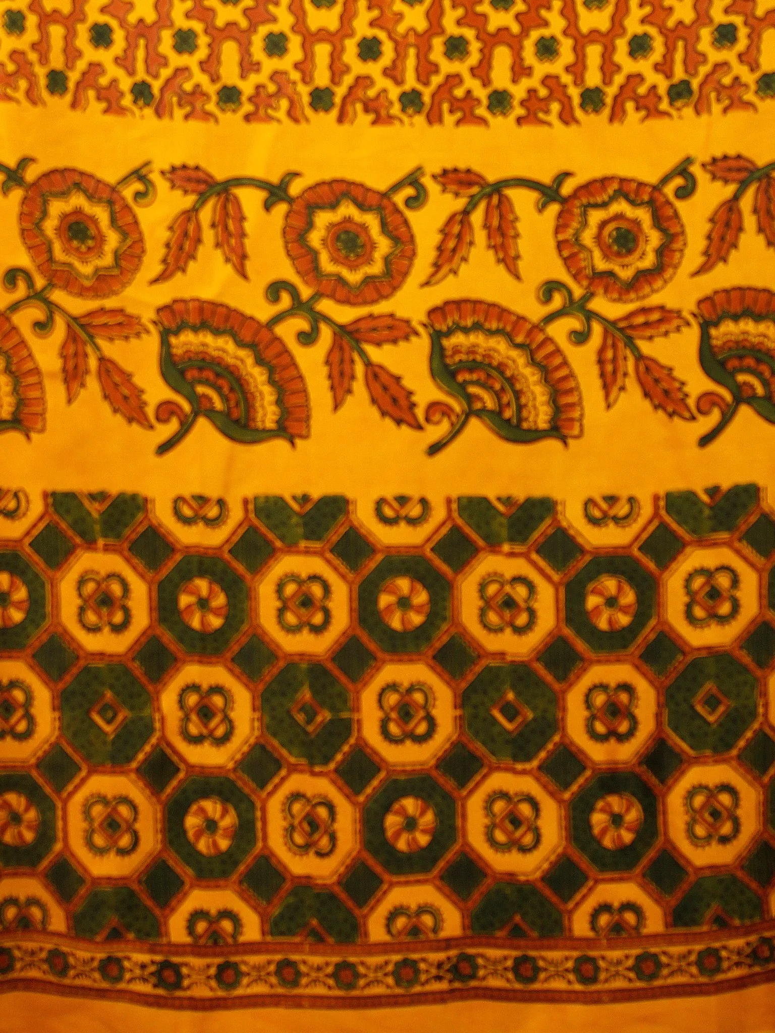 Yellow Green Rust Ajrakh Hand Block Printed Modal Silk Saree in Natural Colors - S031703371