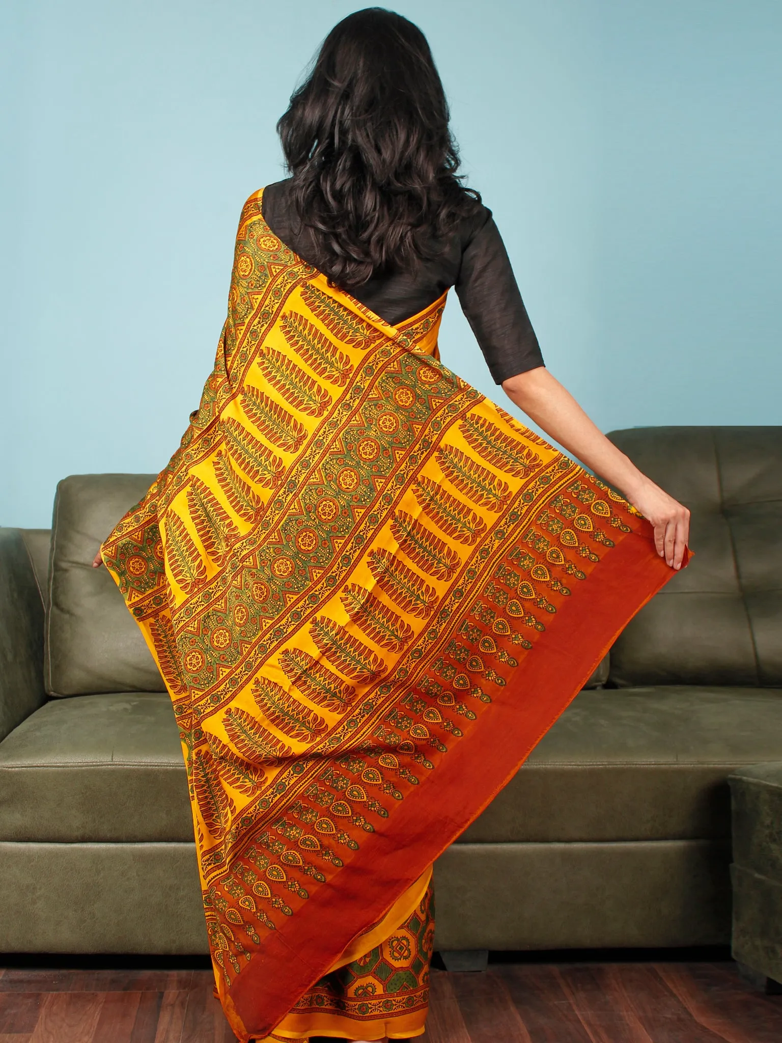 Yellow Green Rust Ajrakh Hand Block Printed Modal Silk Saree in Natural Colors - S031703371