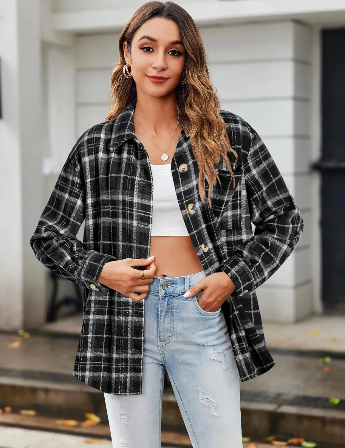 Zeagoo Flannels for Women Shacket Jacket Button Down Plaid Flannel Shirts 2024 Fall Pliad Jacket