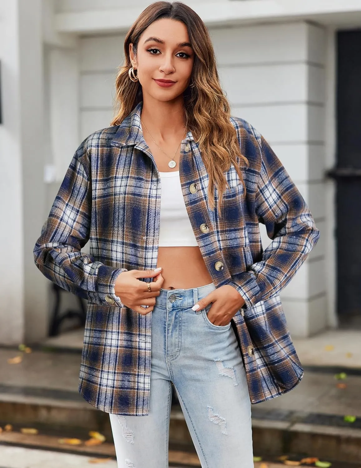 Zeagoo Flannels for Women Shacket Jacket Button Down Plaid Flannel Shirts 2024 Fall Pliad Jacket