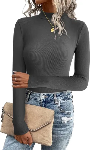 Zeagoo Women's Long Sleeve Stretch Shirts Mock Neck Ribbed T-Shirt Fitted Casual Basic Tops 2024