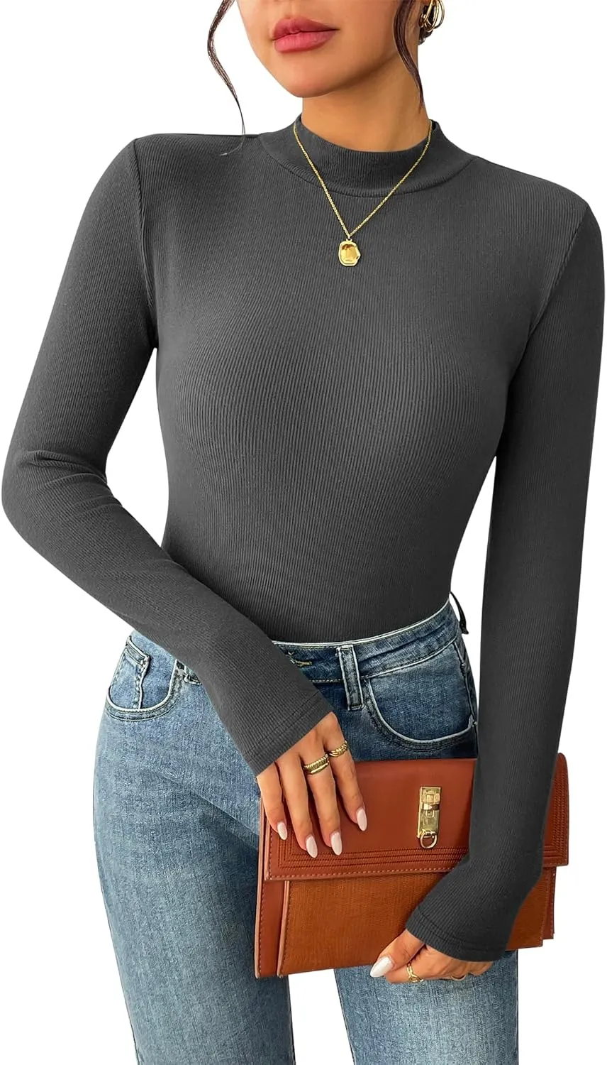 Zeagoo Women's Long Sleeve Stretch Shirts Mock Neck Ribbed T-Shirt Fitted Casual Basic Tops 2024