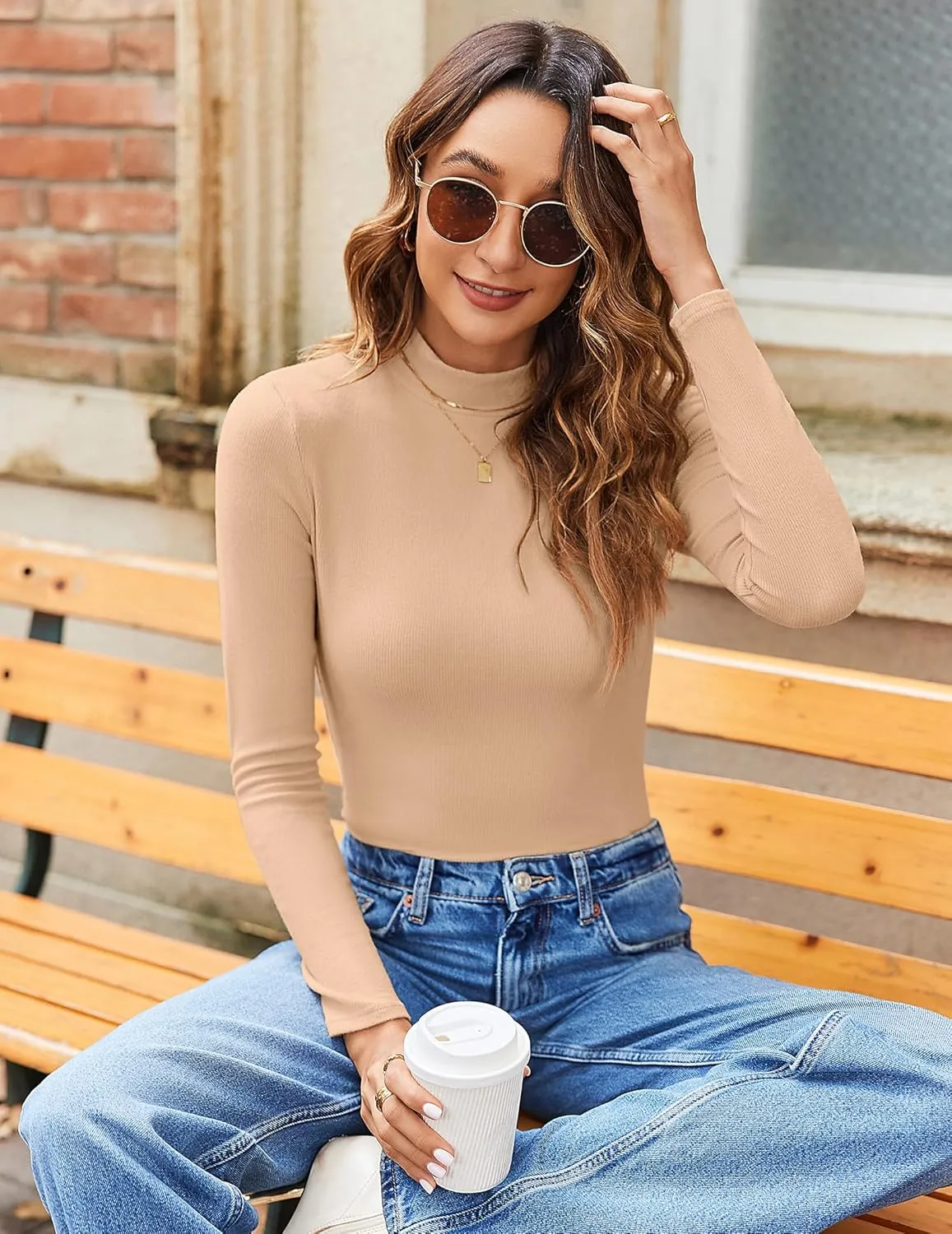 Zeagoo Women's Long Sleeve Stretch Shirts Mock Neck Ribbed T-Shirt Fitted Casual Basic Tops 2024